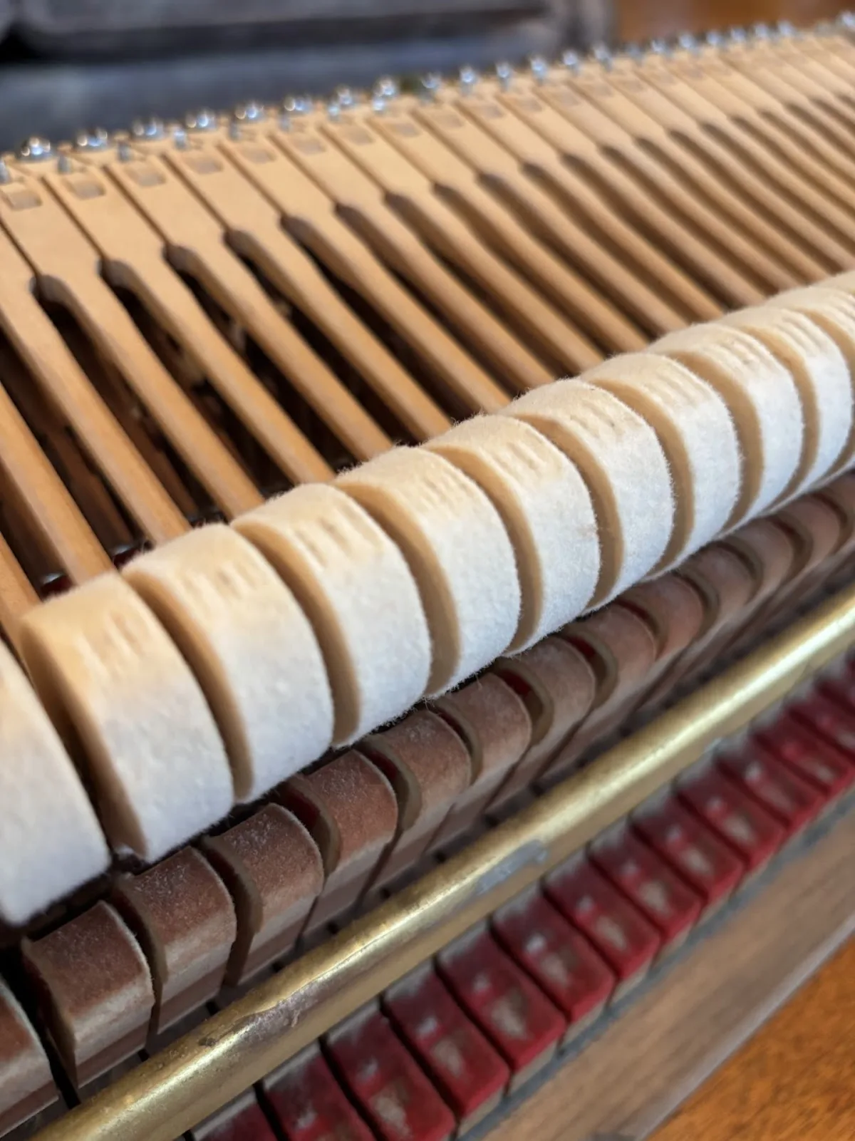 Close-up of piano hammers and damper felts