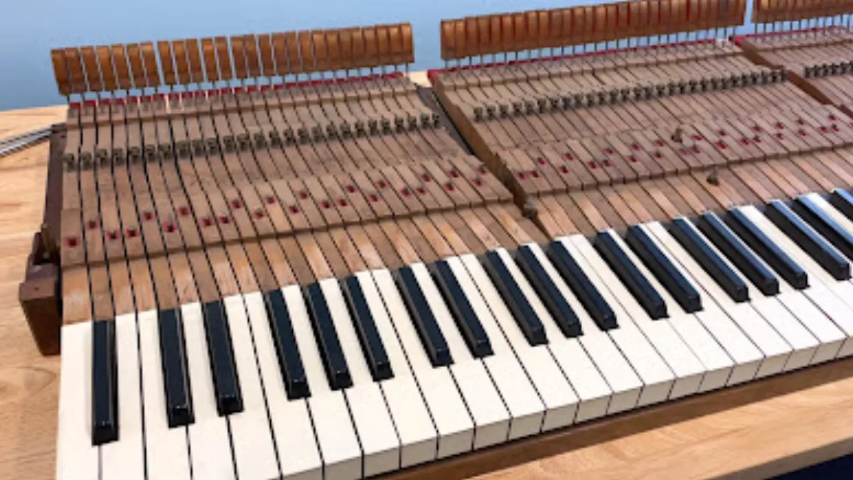 Piano keys and hammers exposed during service